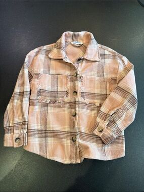 Mayoral Plaid Button-Up Shirt Jacket - Pink Plaid size 6